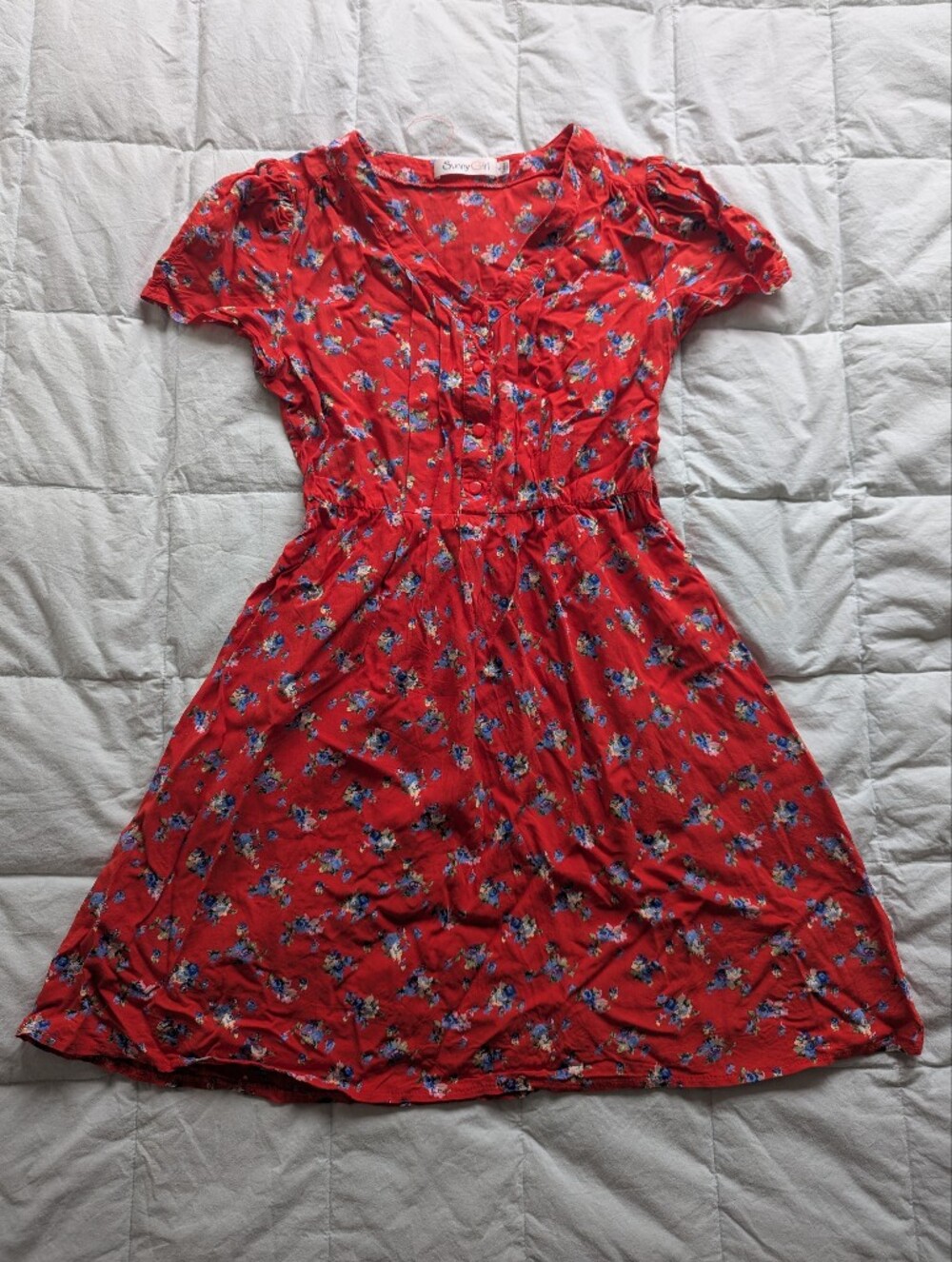 Red Floral Short-Sleeve Mini Dress